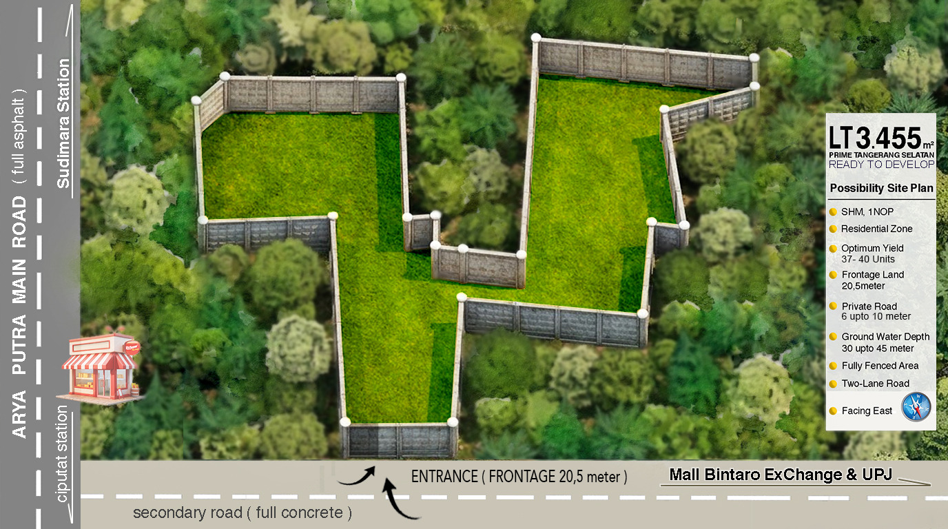 Land for sale Tangerang Selatan Size Plot 3.455m² NFA 2.418,5m² Near Bintaro ExChange Mall and Pembangunan Jaya University 3